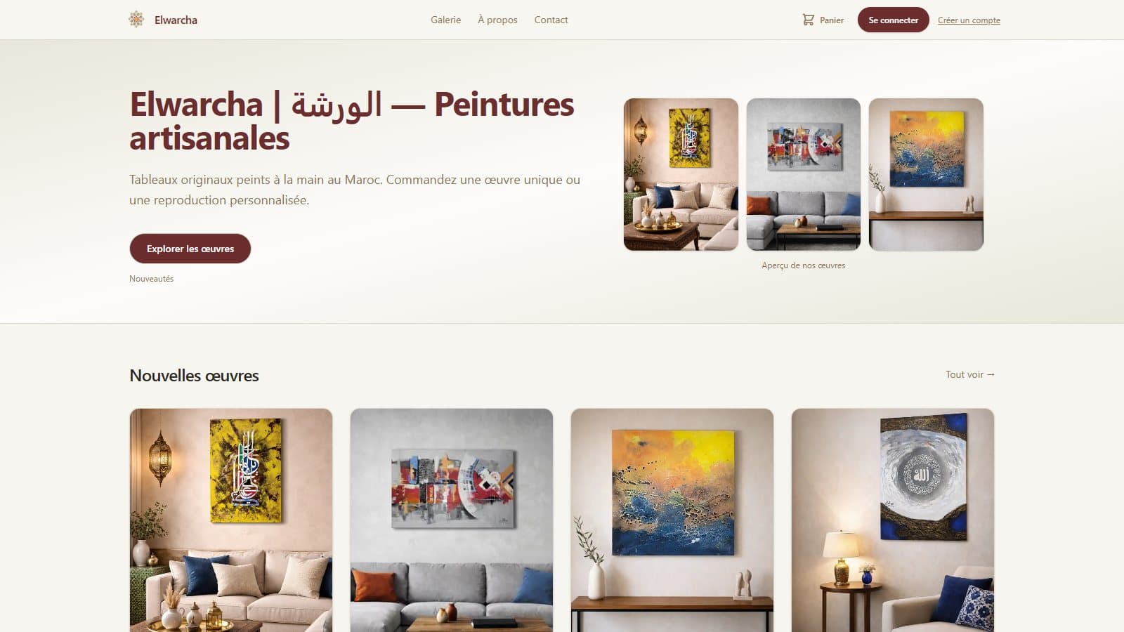 Page d'accueil de la boutique en ligne elwarcha.com — peintures artisanales